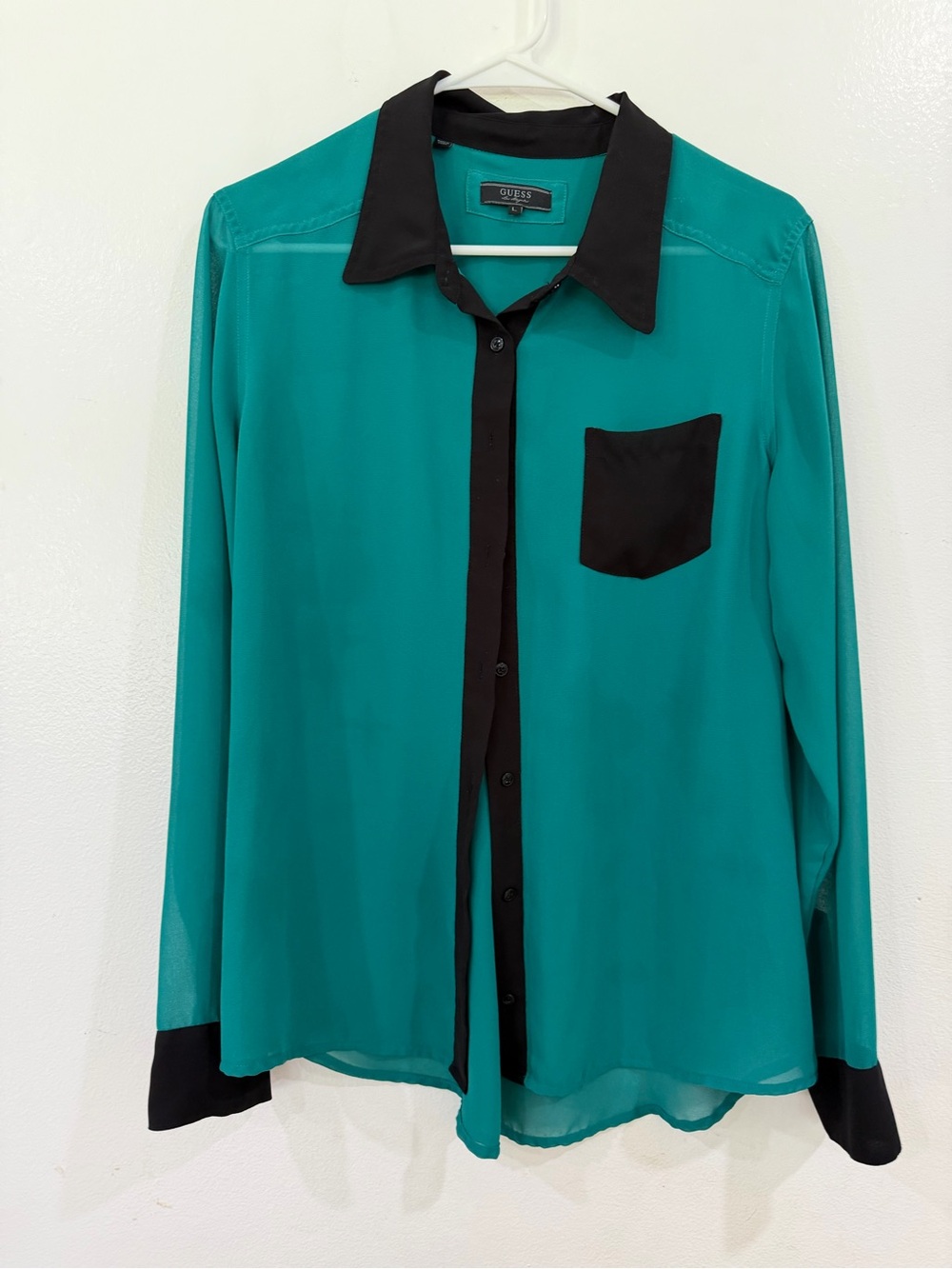GUESS Teal Long-Sleeve Blouse with Black Trim